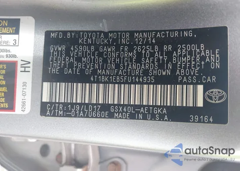 2015 Toyota Avalon Xle from USA, damaged, VIN 4T1BK1EB5FU144935